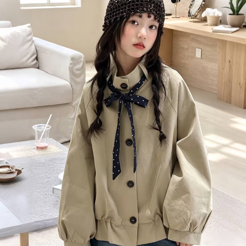韩系女童卡其色风衣2026秋季新款儿童超洋气宽松立领百搭儿童外套