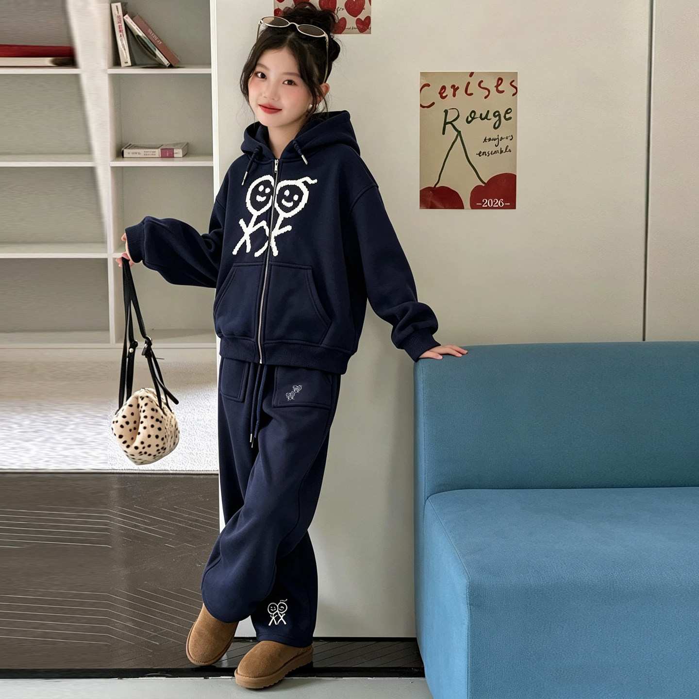 韩系女童火柴人加绒卫衣套装2026秋冬运动套装加绒加厚卫衣外套