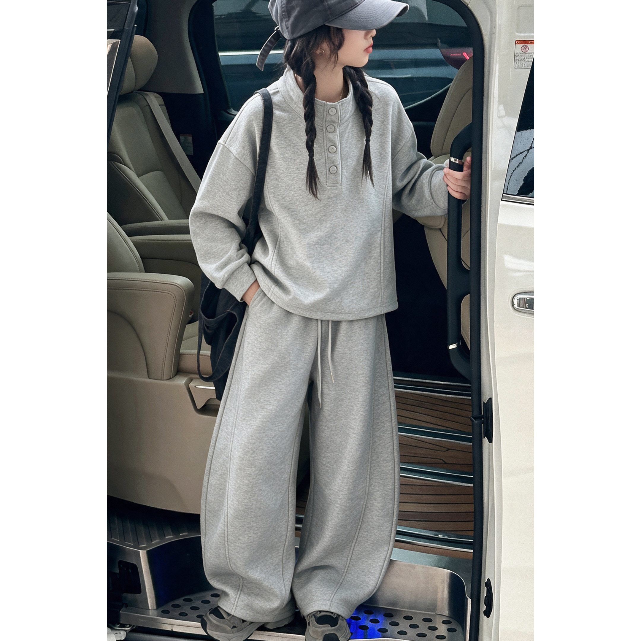 韩系女童灰色卫衣套装2026秋款中大童时髦立领上衣休闲裤两件套装