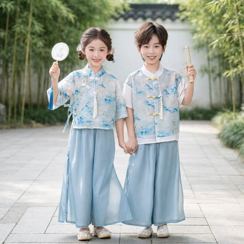 新中式汉服儿童古风短袖男女童中国风山水印花演出服六一表演出服