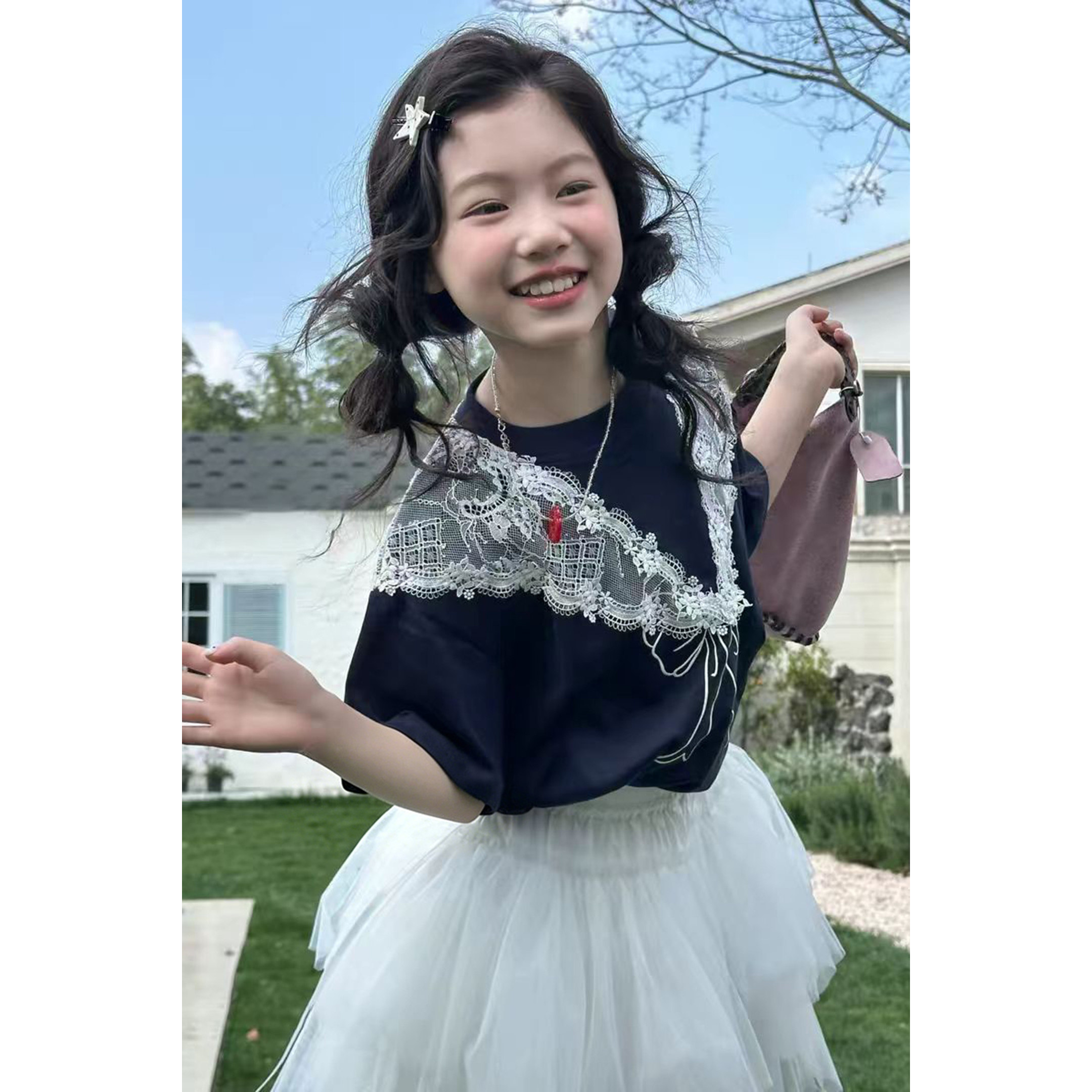 韩系女童蝴蝶结蕾丝拼接短袖T恤夏装半袖2026新款女孩甜美上衣图片