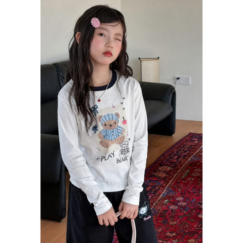 韩国童装女童卡通长袖T恤2026秋季新款儿童假两件上衣打底衫潮