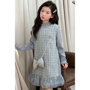 韩系女童千金风流苏连衣裙2026秋冬季新款儿童花边领打底衫两件套