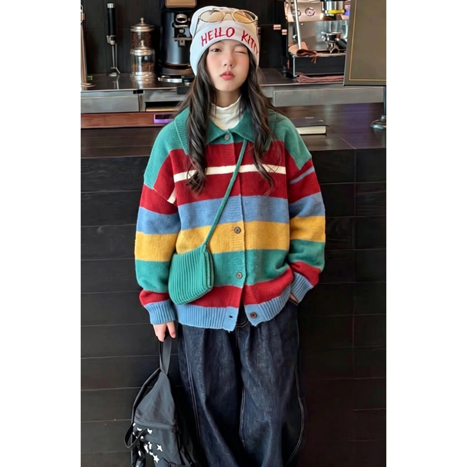韩版女童彩色条纹毛衣开衫2026秋冬装新款儿童翻领针织衫上衣外套