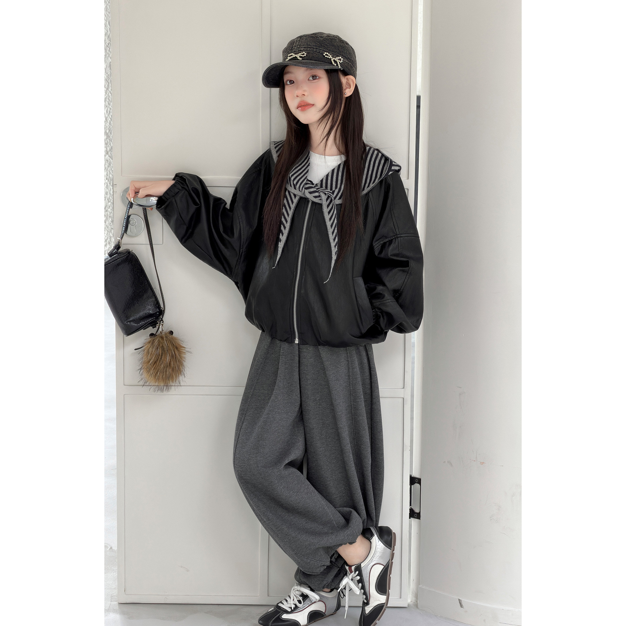 韩系女童秋装外套2026新款初中生带披肩皮衣中大儿童女孩春秋上衣