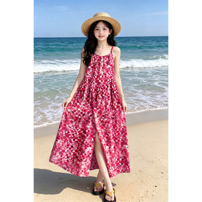 女童超美碎花吊带连衣裙2026夏宽松显瘦红色长裙法式度假风裙子潮
