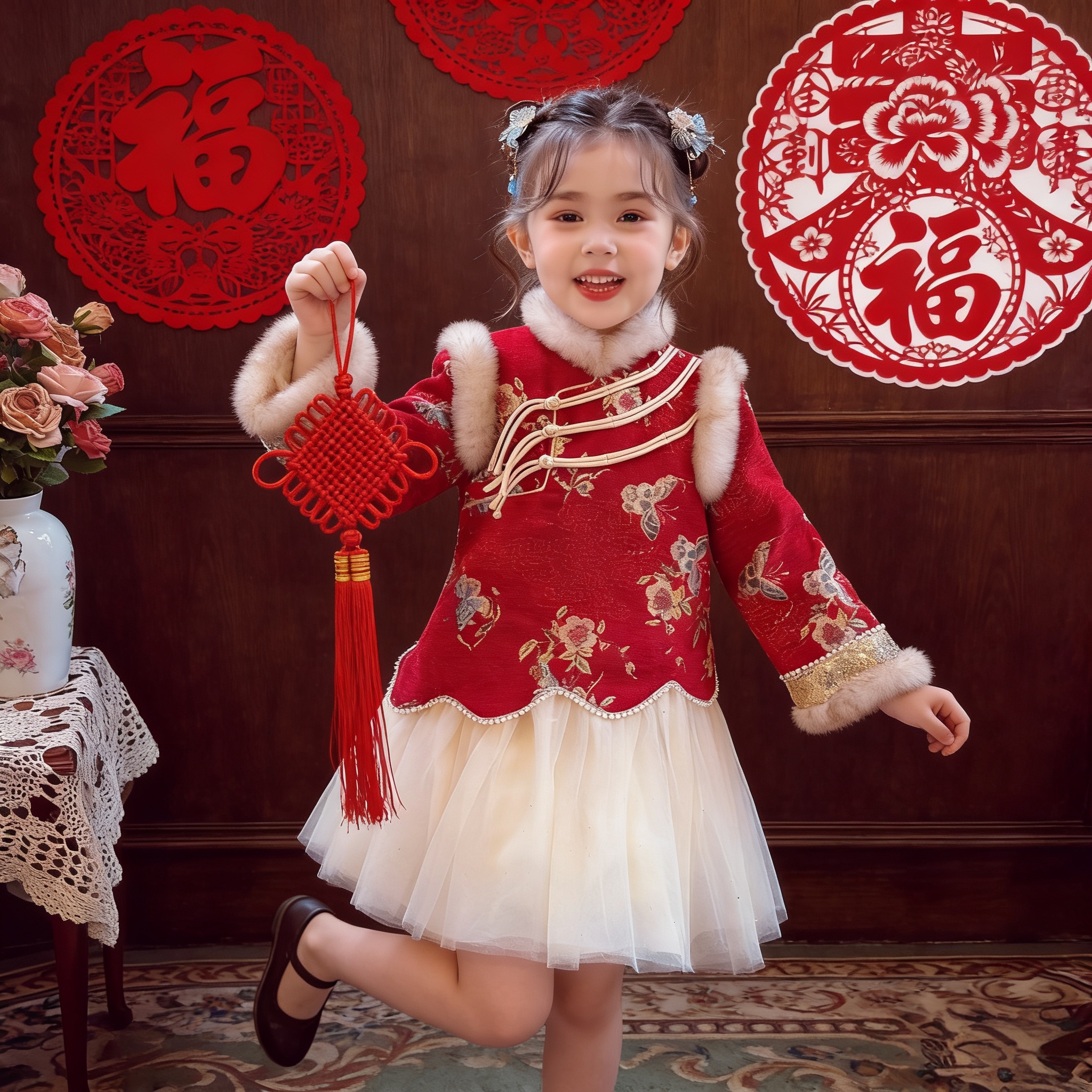 女童旗袍裙新中式加绒网纱公主裙冬装2026款女孩连衣裙过年拜年服