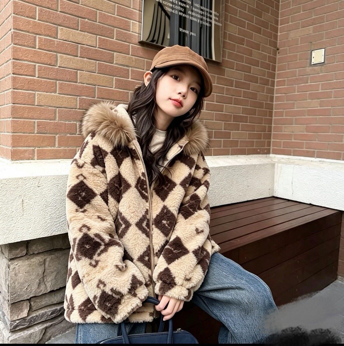 韩系女童毛毛衣外套2026秋冬款新款儿童装时尚连帽大毛领休闲棉服