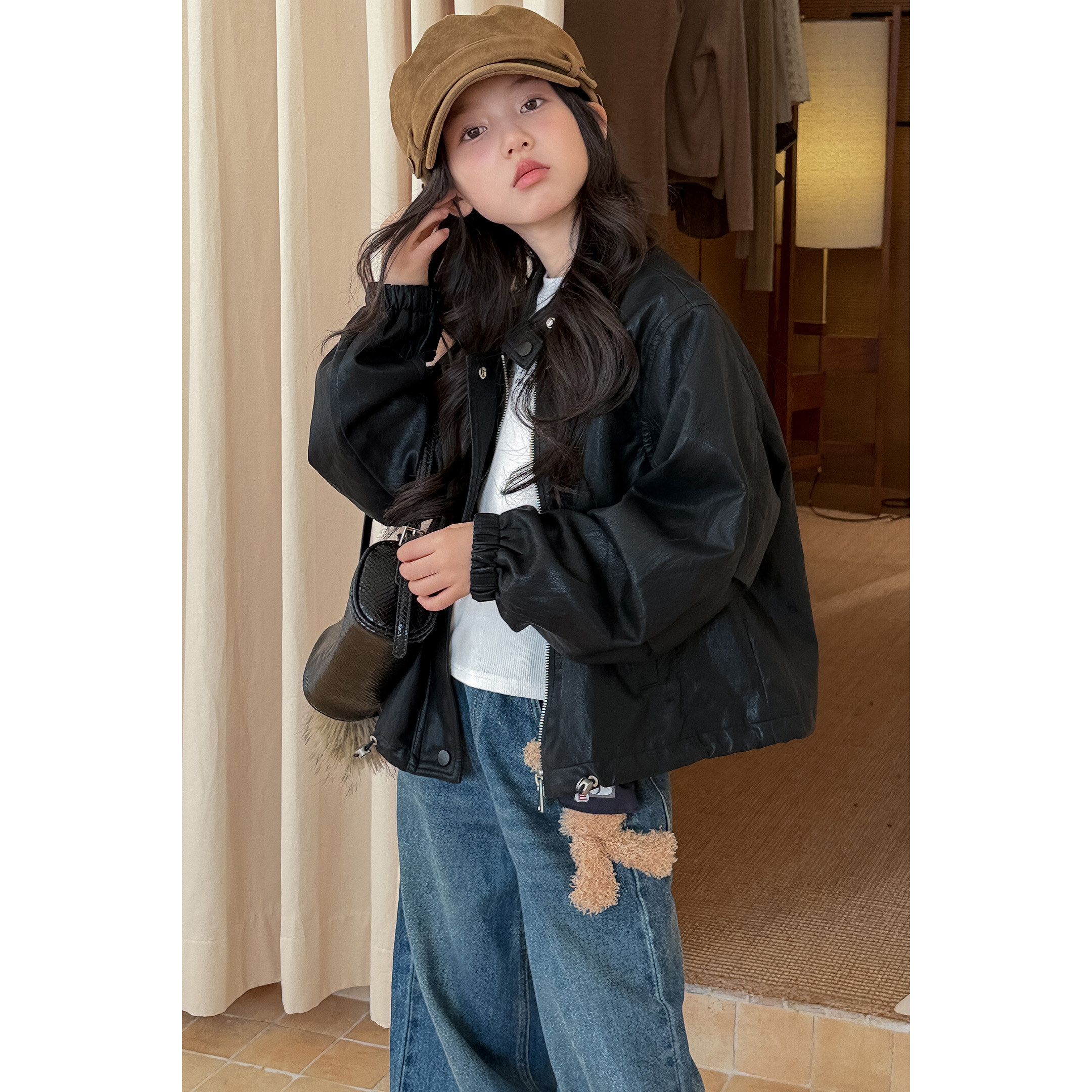 韩系女童机车潮酷立领皮衣外套2026新款秋季女孩时髦时尚纯色皮衣
