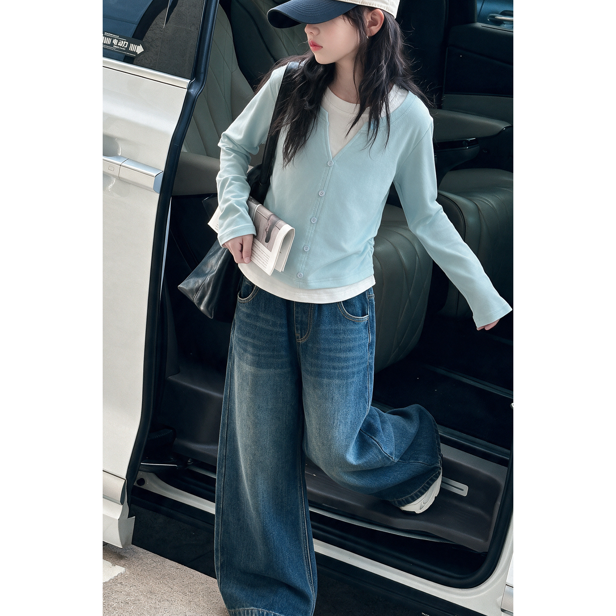 韩系女童假两件打底衫套装2026新款女大童秋装宽松牛仔裤两件套