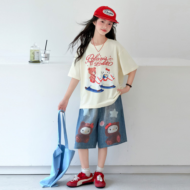 女童套装2026新款今年流行爆款女孩夏季洋气时髦短袖牛仔中裤夏装图片