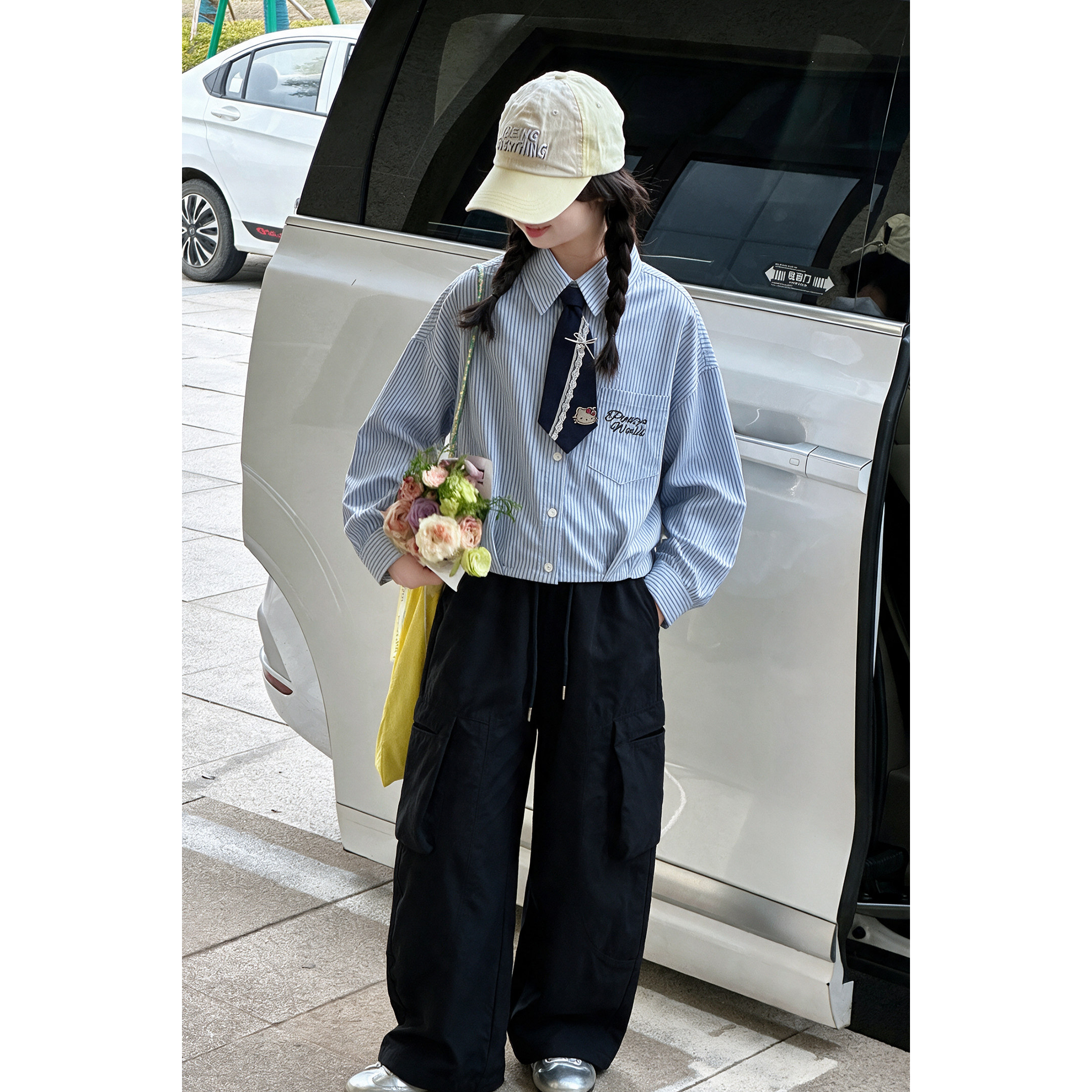女童春秋款洋气时髦条纹衬衫套装女大童学院风儿童秋装工装阔腿裤