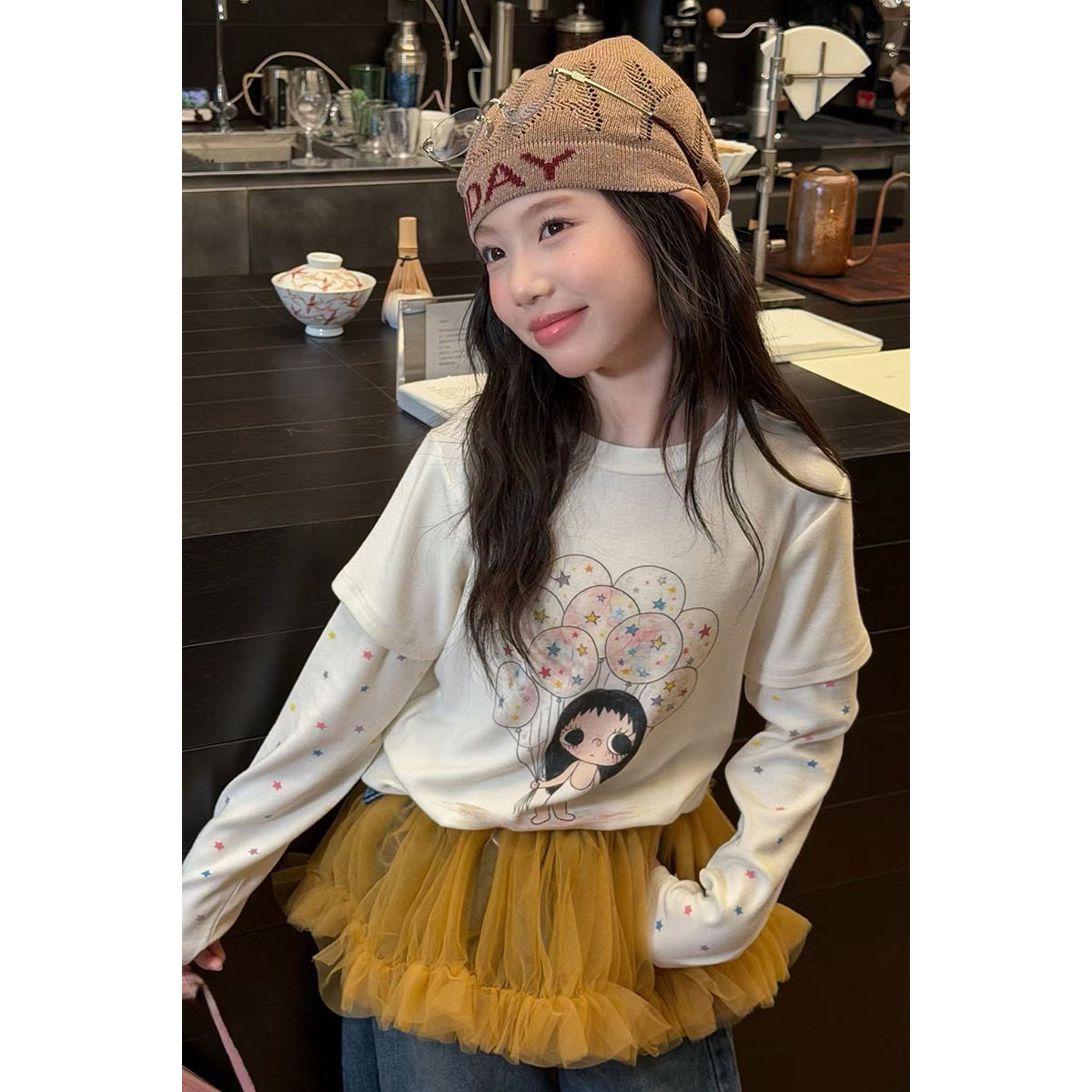韩系小玉印花假两件长袖T恤女童2026秋季新款设计感儿童宽松上衣