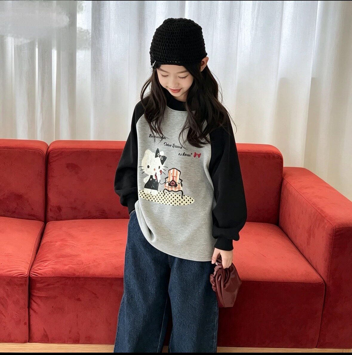 韩国女童长袖T恤秋冬2025新款女孩磨毛上衣儿童加厚插肩袖打底衫
