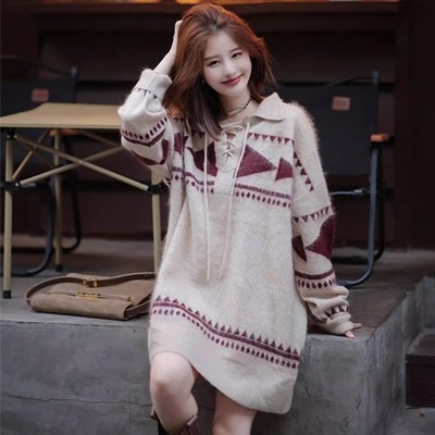 法式复古polo领针织裙女100%纯羊毛中长款毛衣高级感宽松连衣裙子