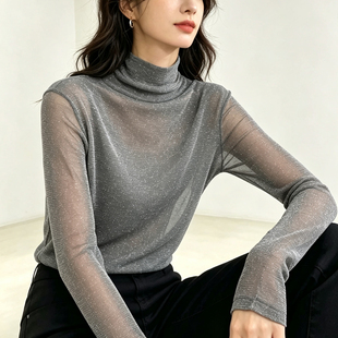 2026年秋冬季高领亮丝针织衫女秋冬季高弹内搭假两件带内衬打底衫