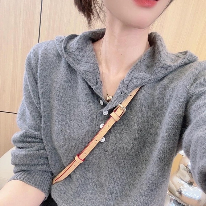 秋冬新款100%纯羊毛衫女连帽针织打底衫百搭宽松内搭带帽毛衣上衣