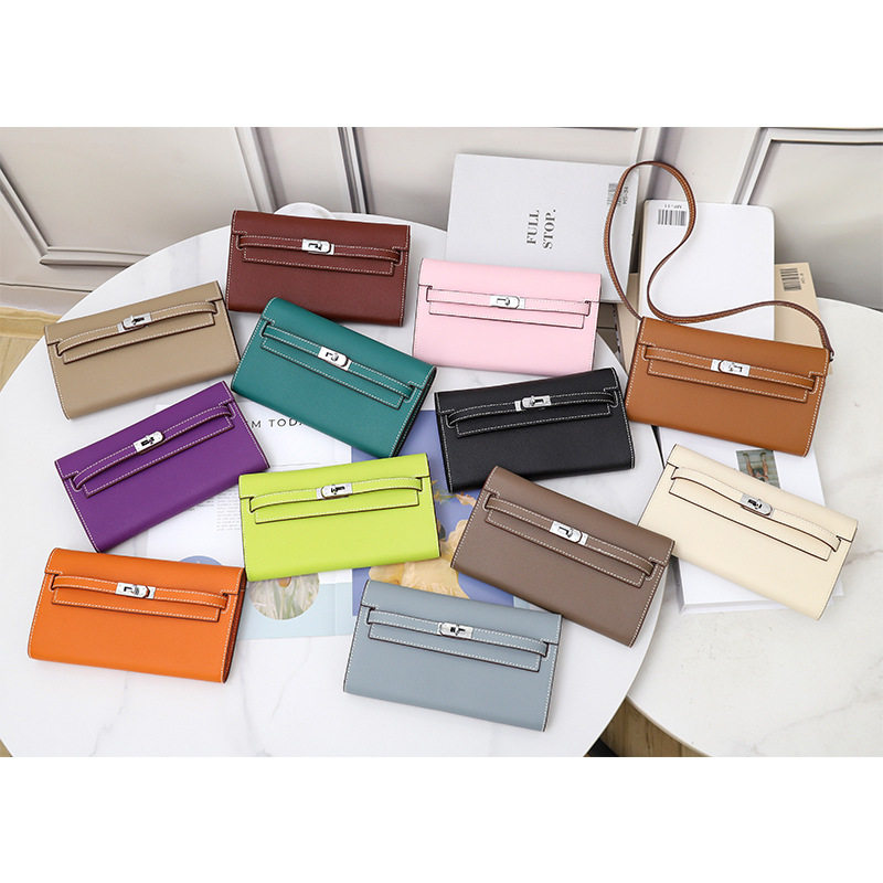 新款高档牛皮荔枝纹凯莉包钱包女长款真皮手机包单肩斜挎女士小包