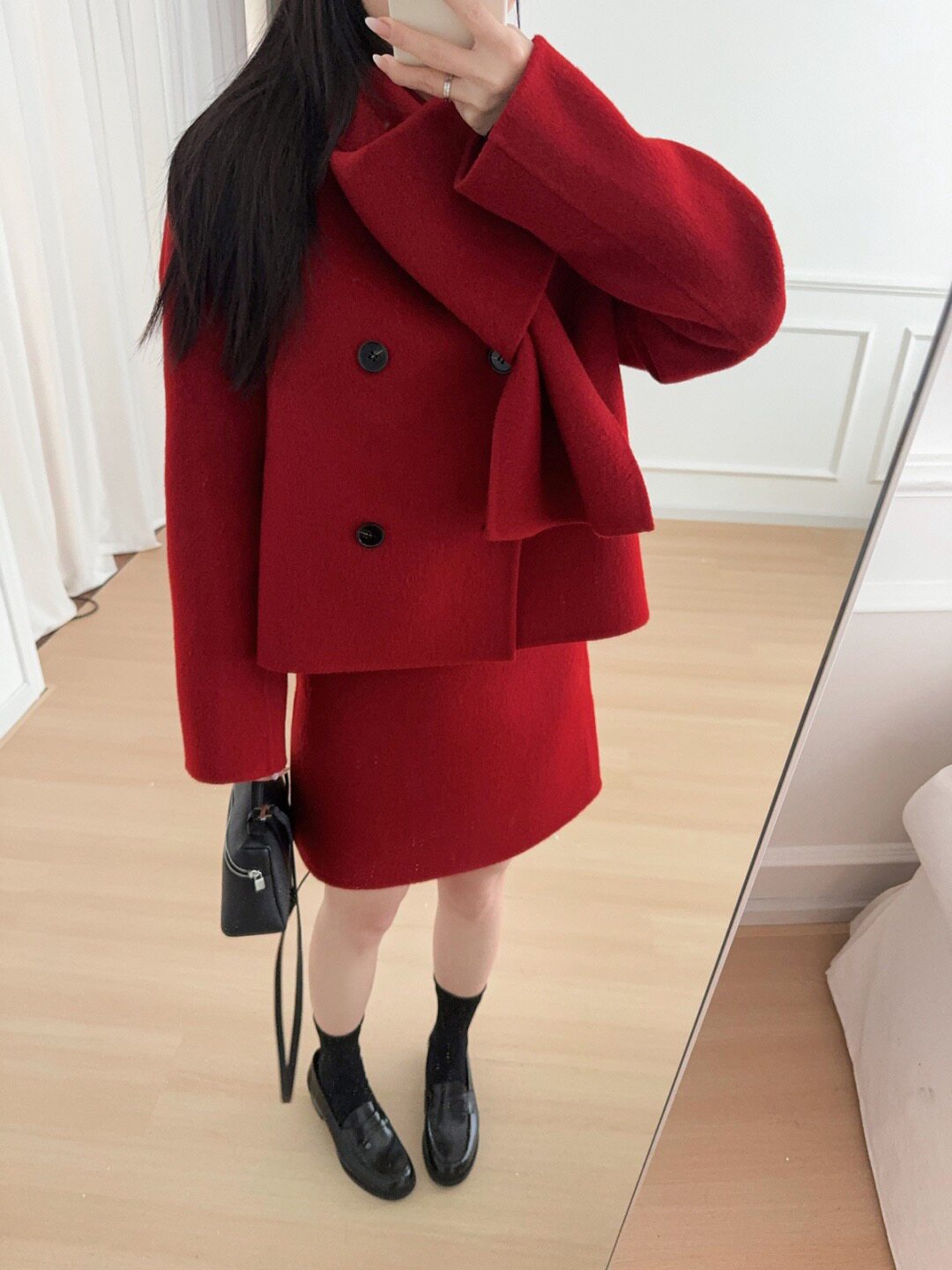 亲妈渠SW新年战衣氛围感红色双面羊毛呢短款外套带围巾羊毛大衣女