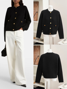 长期主义TOT风黑色金币扣子羊毛针织开衫高级极简风圆领长袖毛衣