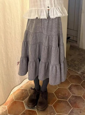 韩系设计师via*p26新款减龄款羊毛A字蛋糕裙灰色百搭显瘦半身裙女