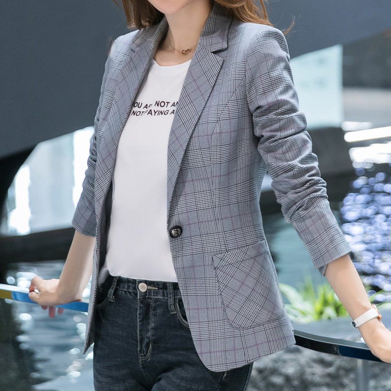 chic小西装女格子外套2018春秋新款韩版休闲时尚百搭女式长袖西服