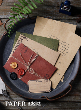 21DOES 复古牛皮信封信纸 Art Nouveau做旧错版印刷蜡印麻绳套装