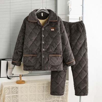 冬季中老年男士三层夹棉睡衣