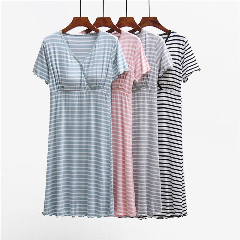 수유기 잠옷 여름원피스 산후복 롱 스커트 스트라이프 모달 수유 잠옷 속옷 없음