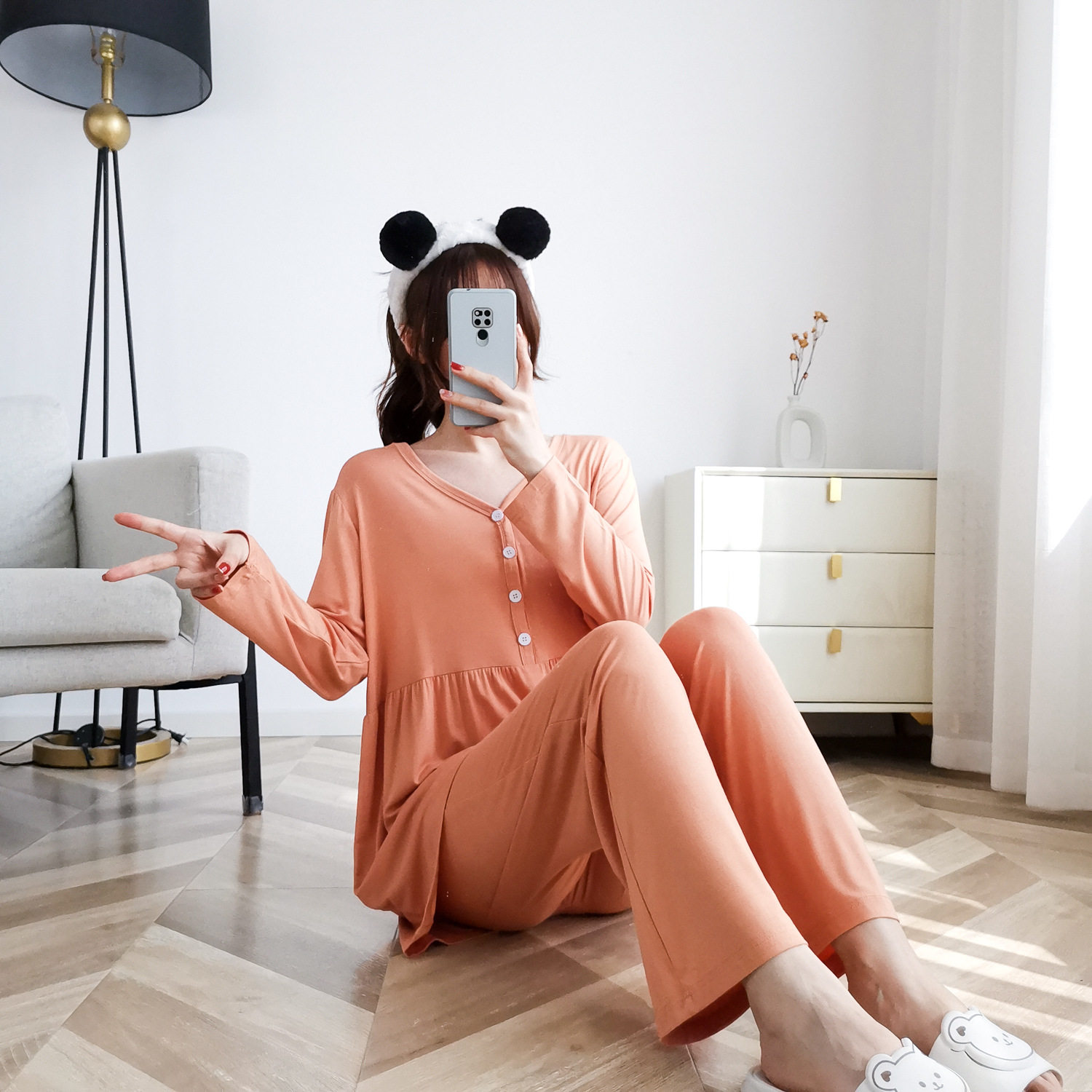 孕期哺乳期两用孕妇睡衣女款可调节春秋夏套装可外穿莫代尔家居服