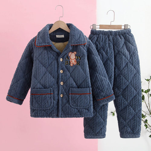 三层夹棉加厚牛奶绒男童儿童睡衣