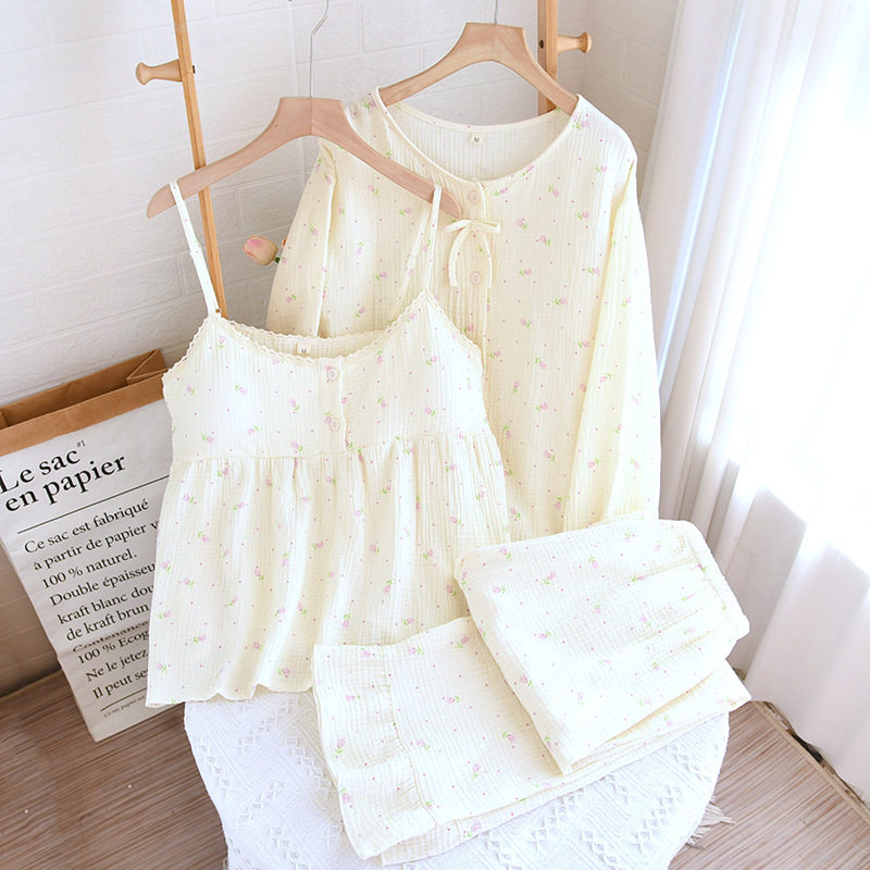 女孩睡衣初中生少女风纯棉带胸垫高中生女款2025新款三件套家居服