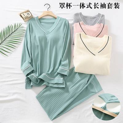 女纯棉自带胸垫纯棉睡衣