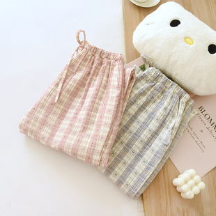 单独睡裤全棉四季薄款纱布格子睡衣裤子男女款单件可外穿长裤