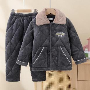 男中大童睡衣秋冬款冬天冬季加绒加厚珊瑚绒夹棉三层青少年家居服