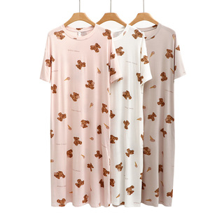 睡裙长款脚踝长裙夏季棉短袖宽松莫代尔睡衣女夏款可爱卡通小熊