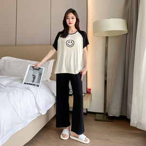 时尚网红居家服夏女可外穿小个子莫代尔大码套装韩版撞色笑脸睡衣