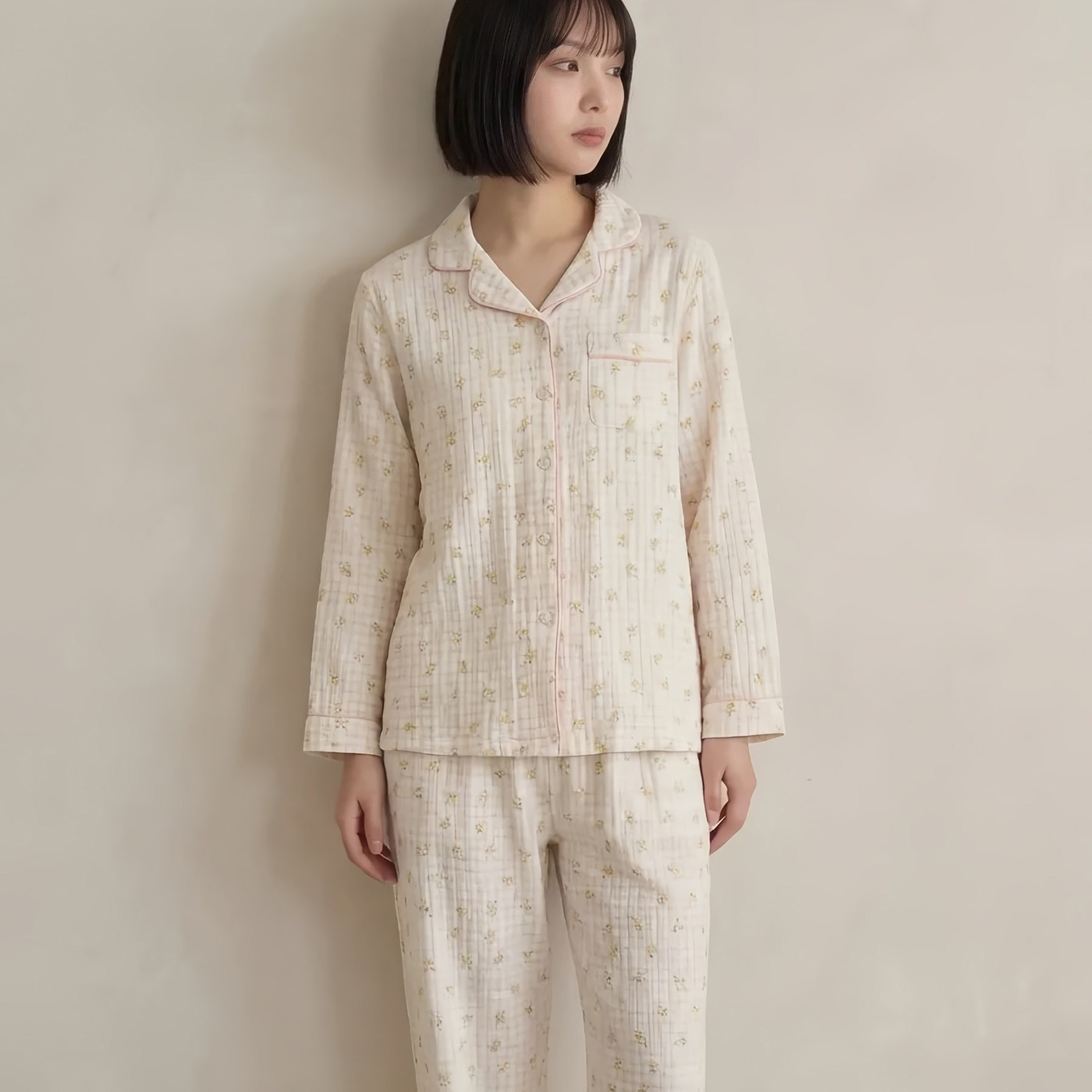 纯棉可外穿碎花长袖睡衣套装女