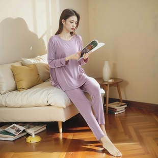 莫代尔月子服春天秋款五月份小个子薄圆领四季大码200斤孕妇睡衣