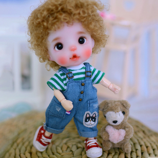 ob11娃衣妹头bjd8分holala衣服牛仔背带裤 短袖