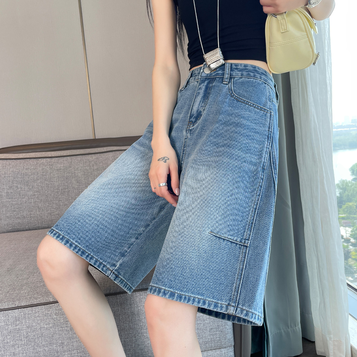 夏季薄款高腰显瘦阔腿牛仔五分裤