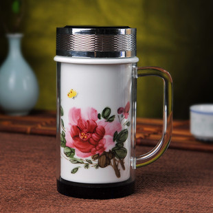 景德镇陶瓷保温杯手柄陶瓷内胆双层茶杯水杯老板杯办公礼品杯包邮