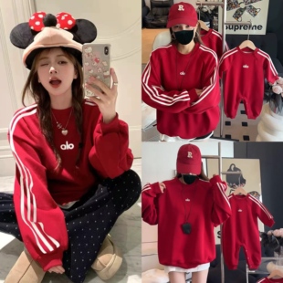 亲子装秋冬一家三口四口过年红色卫衣母子母女洋气宽松班服运动装