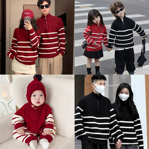 过年装毛衣一家三口母子母女红色