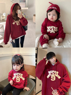 炸街亲子装 一家三口四口母子母女刺绣连帽卫衣婴儿高端连体衣 秋装