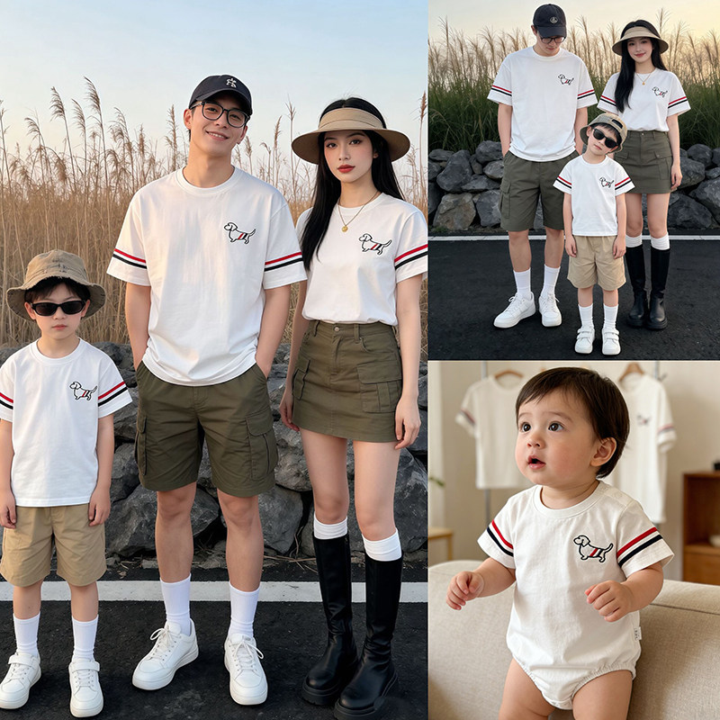 高端亲子装夏季一家三口全家装纯棉刺绣T恤短袖哈衣婴儿爬服上衣