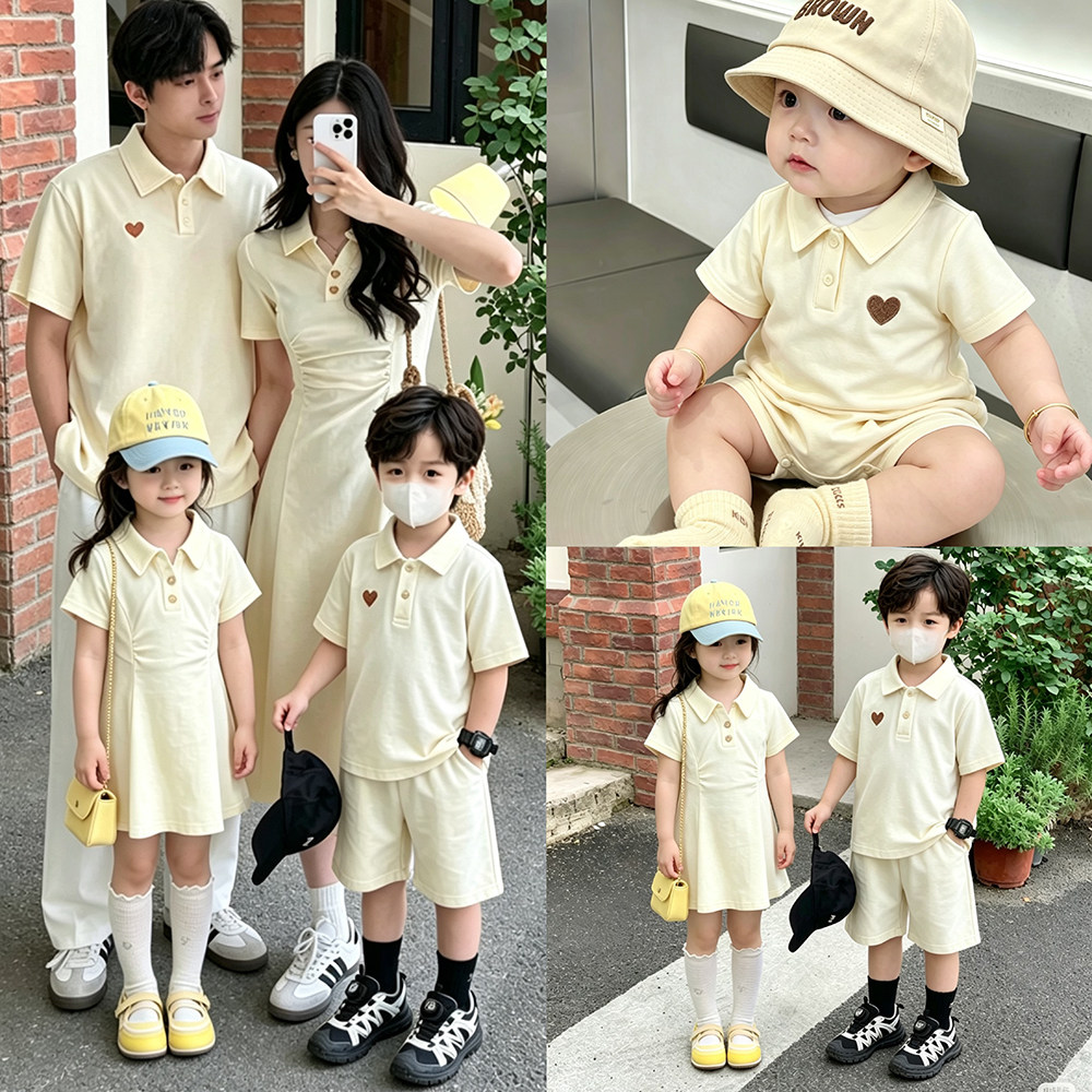 小月龄亲子装一家三口四口POLO短袖连衣裙婴儿哈衣母女母子装显瘦