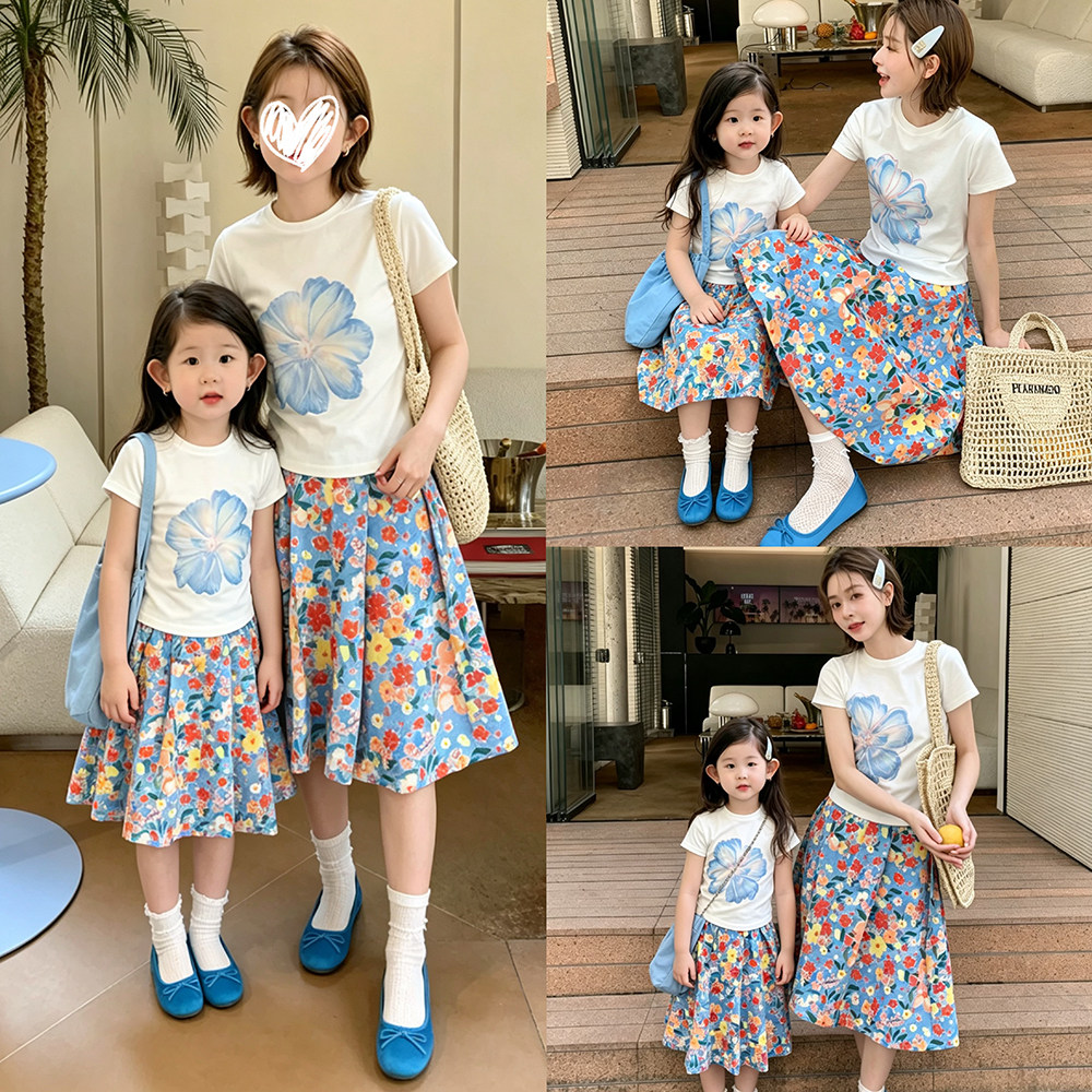海边度假亲子装母女装夏季短袖T恤母女碎花蓝色油画碎花裙套装