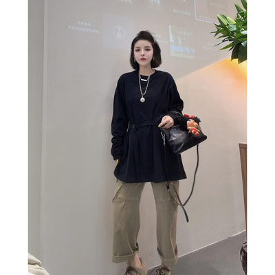 慵懒风系带收腰显瘦中长款T恤裙