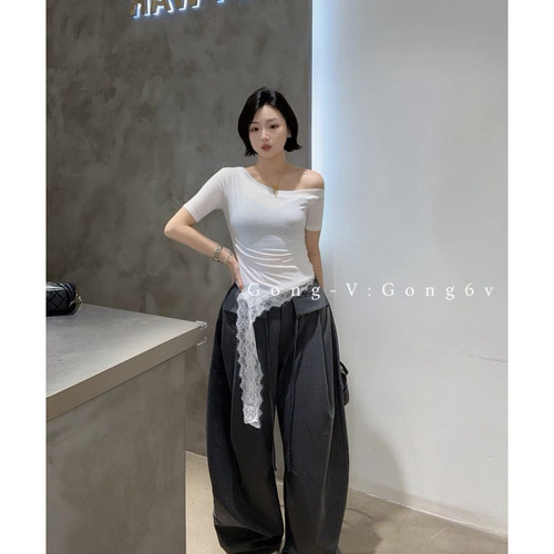 法式蕾丝不规则飘带斜肩修身短袖